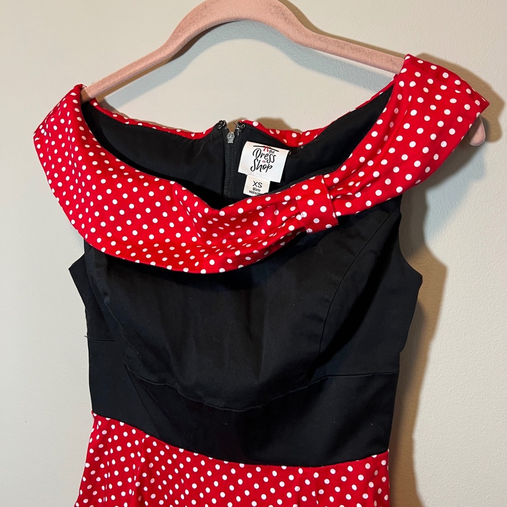 Disney Parks The Dress Shop Minnie Mouse Polka Dot Dress Red Black XS Retro Bow - Picture 2 of 13